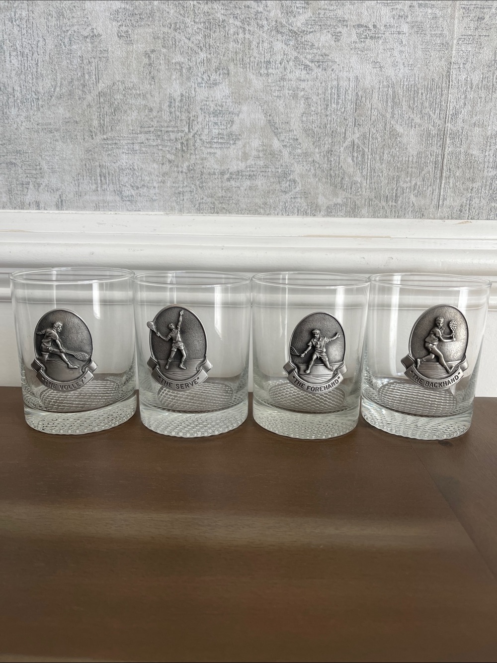 HTF Vintage FORT Tennis Player Pewter Medallion Glass Tumblers- Full Set 4